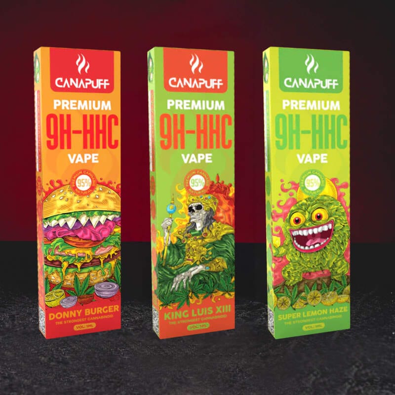 9H-HHC Vape 95% 1ml – prémium eldobható vape innovatív 9H-HHC kannabinoiddal Super Lemon Haze, Rainbow Runtz, King Luis XIII és Donny Burger variánsokban