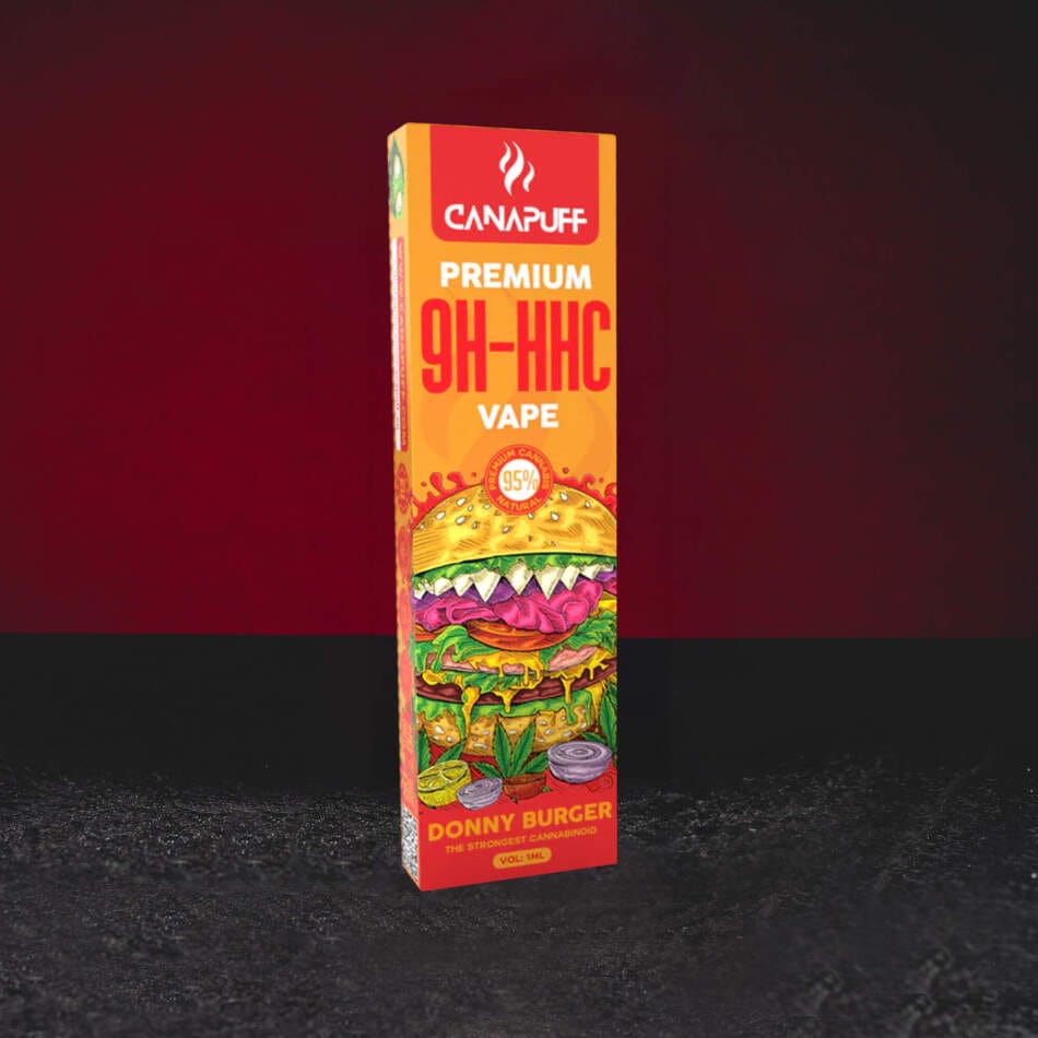 9H-HHC Vape Donny Burger 95% 1ml – karakteres eldobható vape sajtos aromával, diesel tónusokkal, földes karakterrel és száraz fenyővel