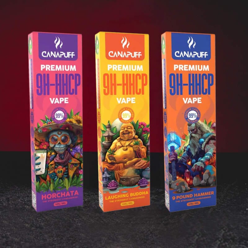 9H-HHCP Vape 99% 1ml – prémium eldobható vape 9H-HHCP kannabinoiddal 9 Pound Hammer, Laughing Buddha és Horchata variánsokban