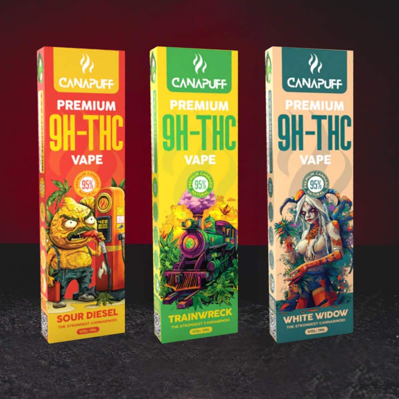 9H-TH Vape 95% 1ml – prémium eldobható vape 9H-TH kannabinoiddal Sour Diesel, Trainwreck és White Widow variánsokban