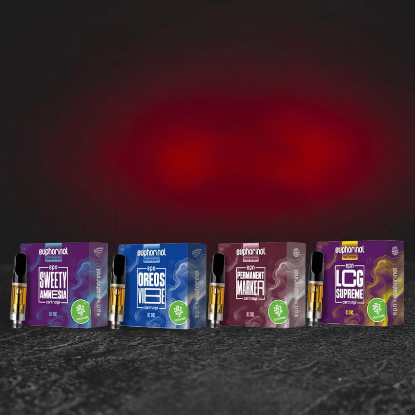 EPN cartridge 1 ml szett mind a négy változattal – Sweety Amnesia, LCG Supreme, Oreos Vibe és Permanent Marker –, USA-ból származó félszintetikus EPN kannabinoiddal, eufórikus és élénkítő profilokkal, a Kratom World teljes kínálata.