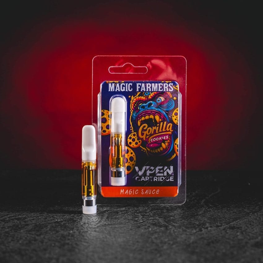 Prémium 1 ml-es Gorilla Cookies vape cartridge, amelyet az ikonikus cookies aroma ihletett, kellemes és aromás vape élményhez. magic farmers gorilla cookies cartridge kratomworld eladás