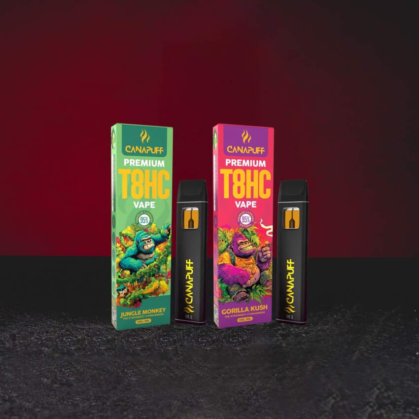 T8HC Vape 1 ml Jungle Monkey és Gorilla Kush változatok szettje, új T8HC kannabinoid, egyszer használatos vaporizátorok kiegyensúlyozott eufória és relaxáció profillal, Kratom World teljes kínálata