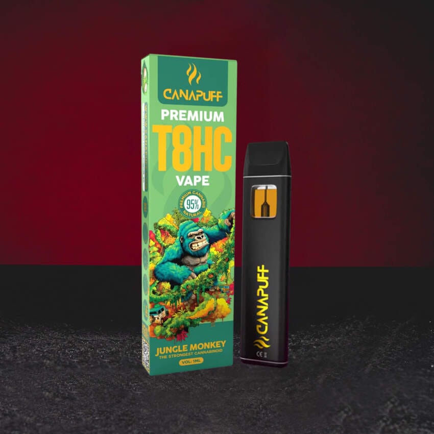 T8HC Vape 1 ml Jungle Monkey, egyszer használatos vape T8HC kannabinoiddal, friss trópusi és citrusos profil gyógynövényes jegyekkel, enyhén eufórikus és ellazító karakter, kiegyensúlyozott hatás mentális túlterhelés nélkül, Kratom World eladás