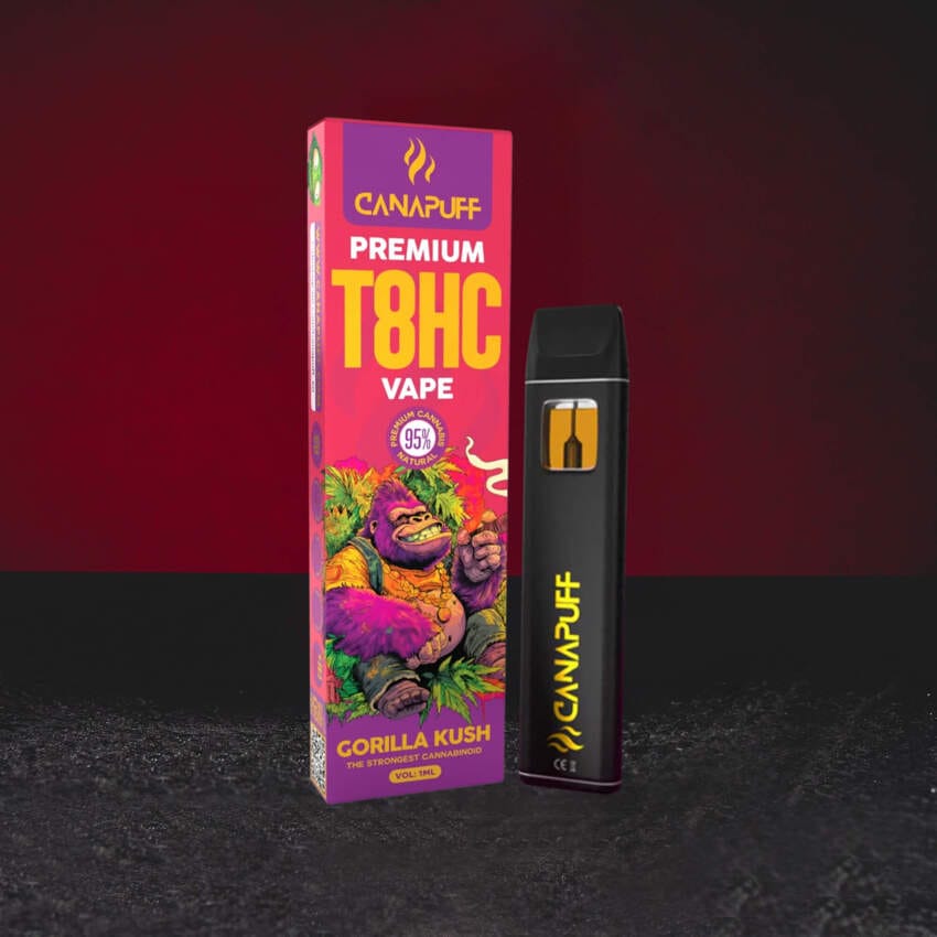 T8HC Vape 1 ml Gorilla Kush, egyszer használatos vape fejlett T8HC kannabinoiddal, klasszikus kush profil földes és fás tónusokkal, mély relaxáció és nyugodt atmoszféra, hosszan tartó kiegyensúlyozott hatás, Kratom World eladás
