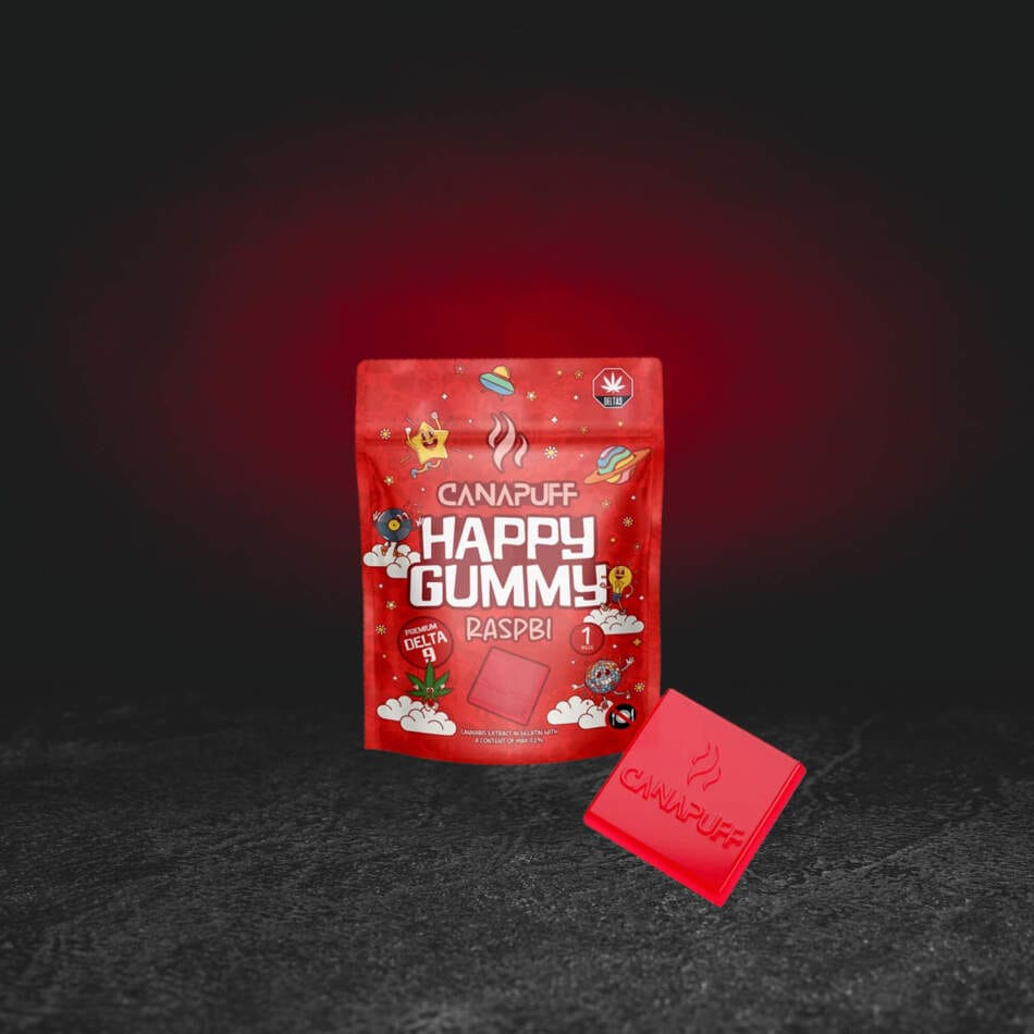 TH Happy Gummy Raspbi – prémium kenderzselé málnaízzel és TH kannabinoiddal, eredeti csomagolásban