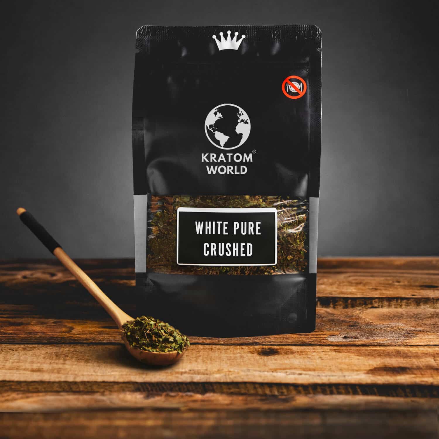 Kratom World White kratom levelek zúzott fehér egy kanállal